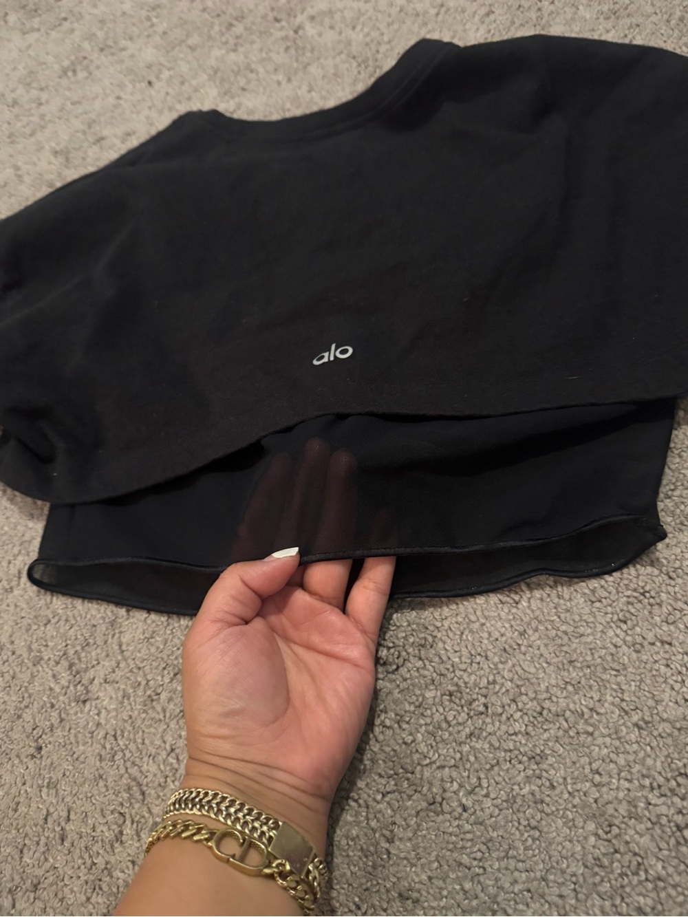 ALO Yoga Black Cropped Layered Mesh Hem Workout Top